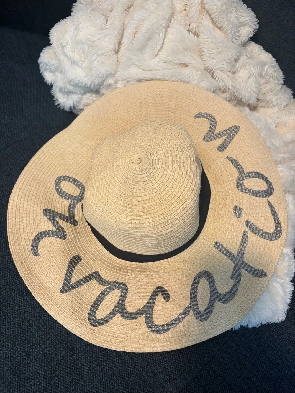 Wide Brim Straw Sun Hat - 'On Vacay' Black Script